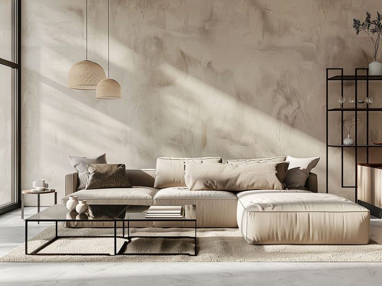 Boho salon z jasną sofą, roślinnymi obrazami i drewnianym stolikiem