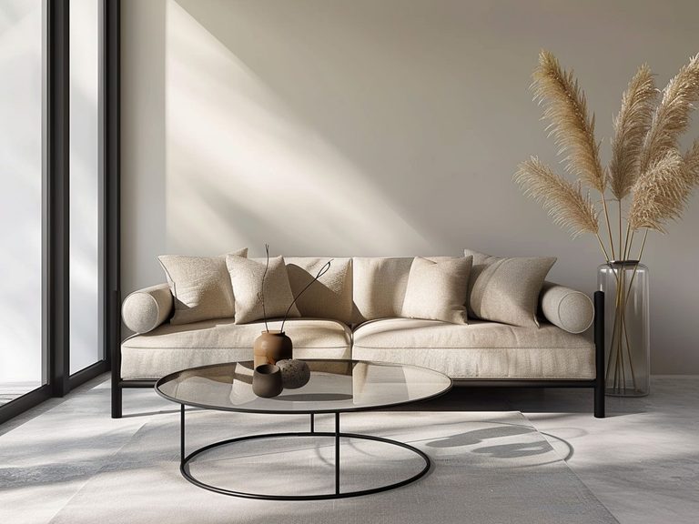 Boho salon z jasną sofą, naturalnymi dodatkami i dużym obrazem