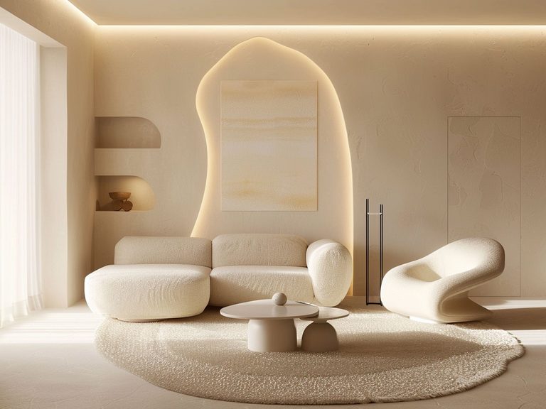Nowoczesny salon z jasną sofą, łukowym podświetleniem i zaokrąglonymi kształtami