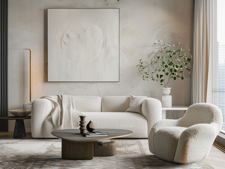 Nowoczesny salon z białą sofą, jasnym wystrojem i minimalistycznymi dekoracjami