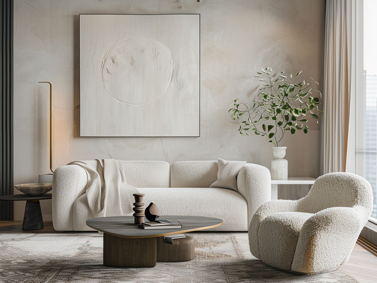 Nowoczesny salon z białą sofą, jasnym wystrojem i minimalistycznymi dekoracjami