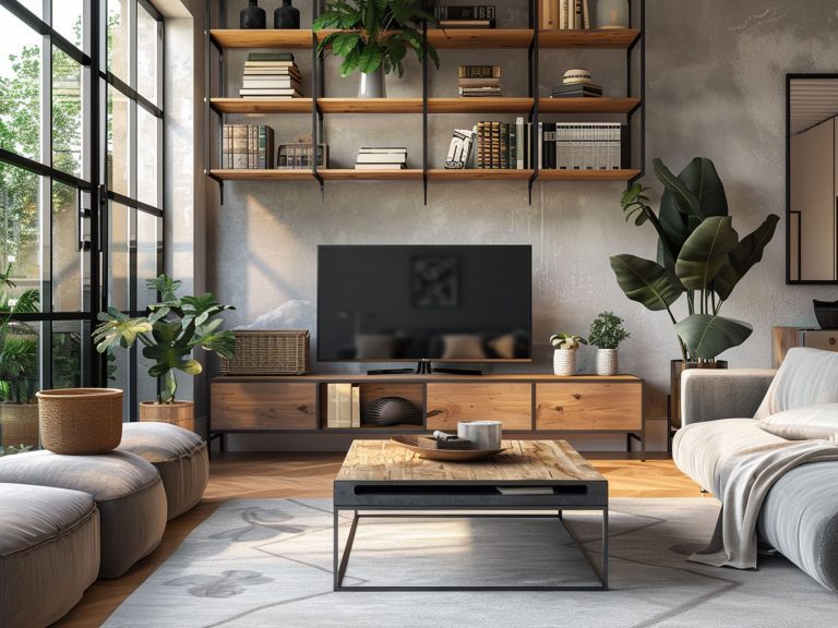 Skandynawski salon z jasną sofą, drewnianym stolikiem i naturalnym światłem