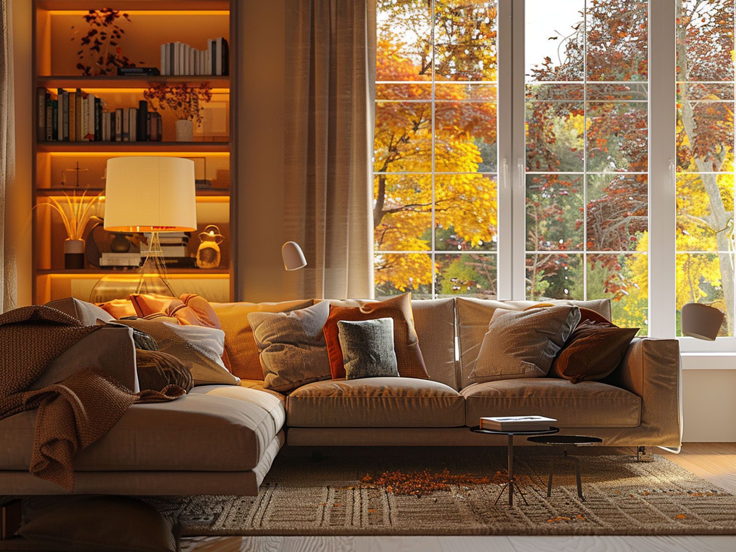 Salon z kremowym narożnikiem kolorowymi poduszkami