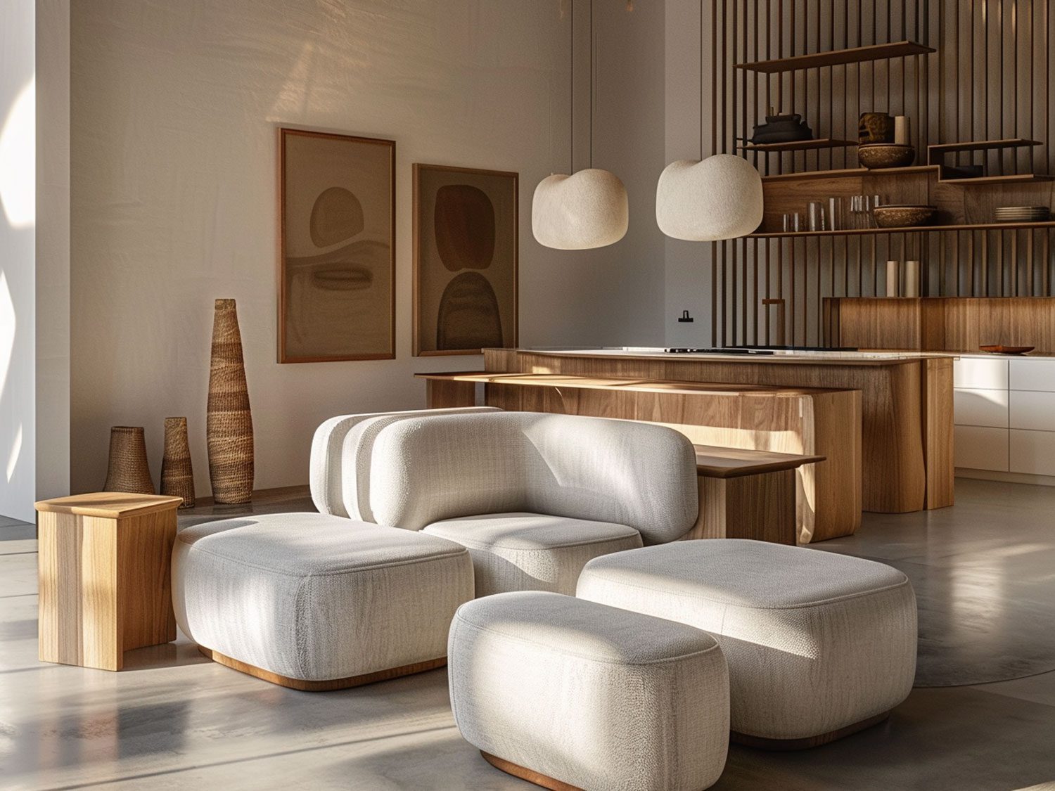 Salon z kremowym narożnikiem modułowym i poduszkami