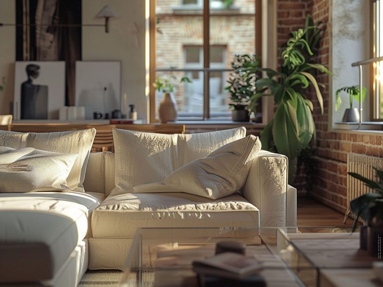 Salon z białym narożnikiem, roślinami i ceglaną ścianą