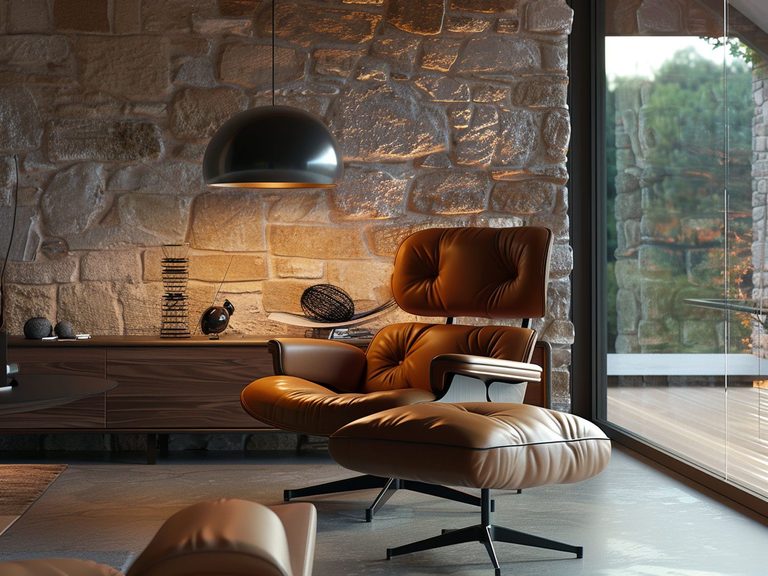 Retro salon z brązowym skórzanym fotelem, kamienną ścianą i lampą vintage