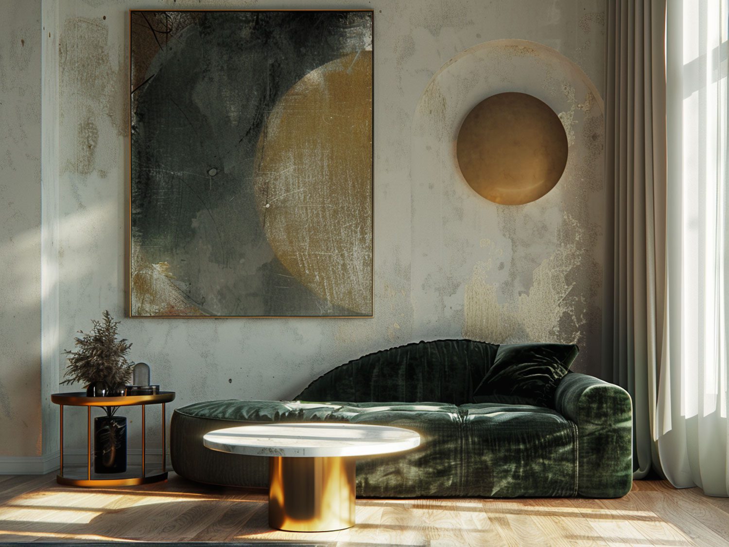 Retro salon z zieloną welurową sofą i abstrakcyjnym obrazem na ścianie