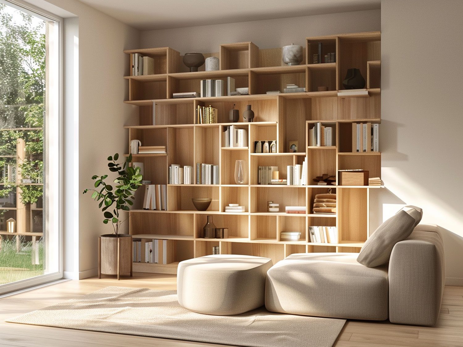 Nowoczesna biblioteka z jasnymi meblami, roślinami i minimalistycznym stylem