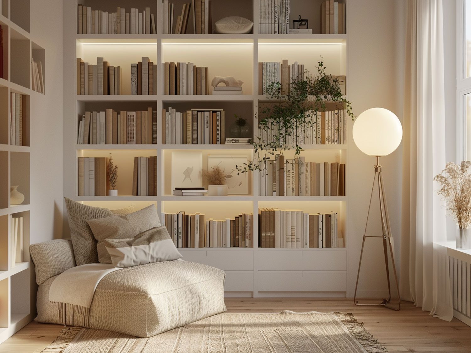 Nowoczesny salon z drewnianym stolikiem, szafką RTV i zielonymi roślinami