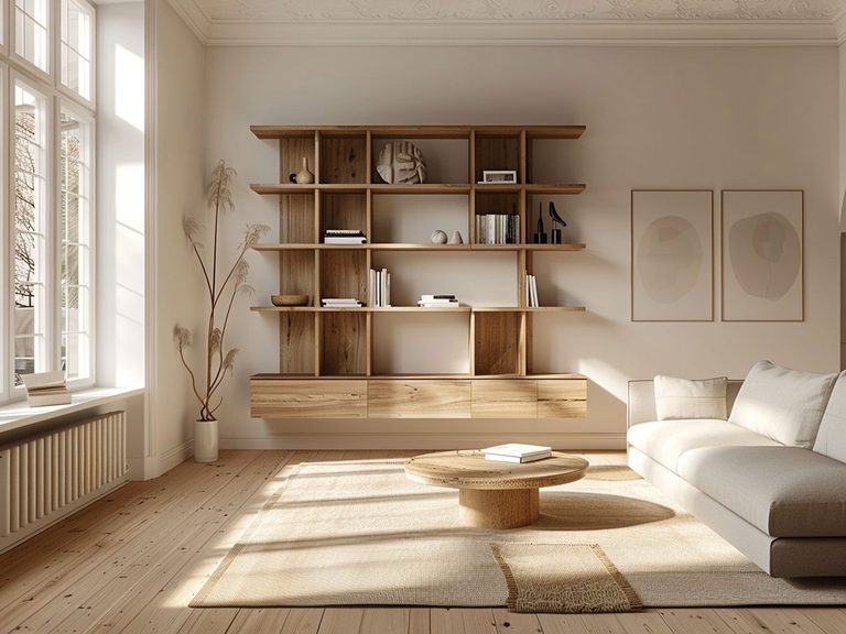 Nowoczesna biblioteka z jasnymi półkami i minimalistyczną sofą