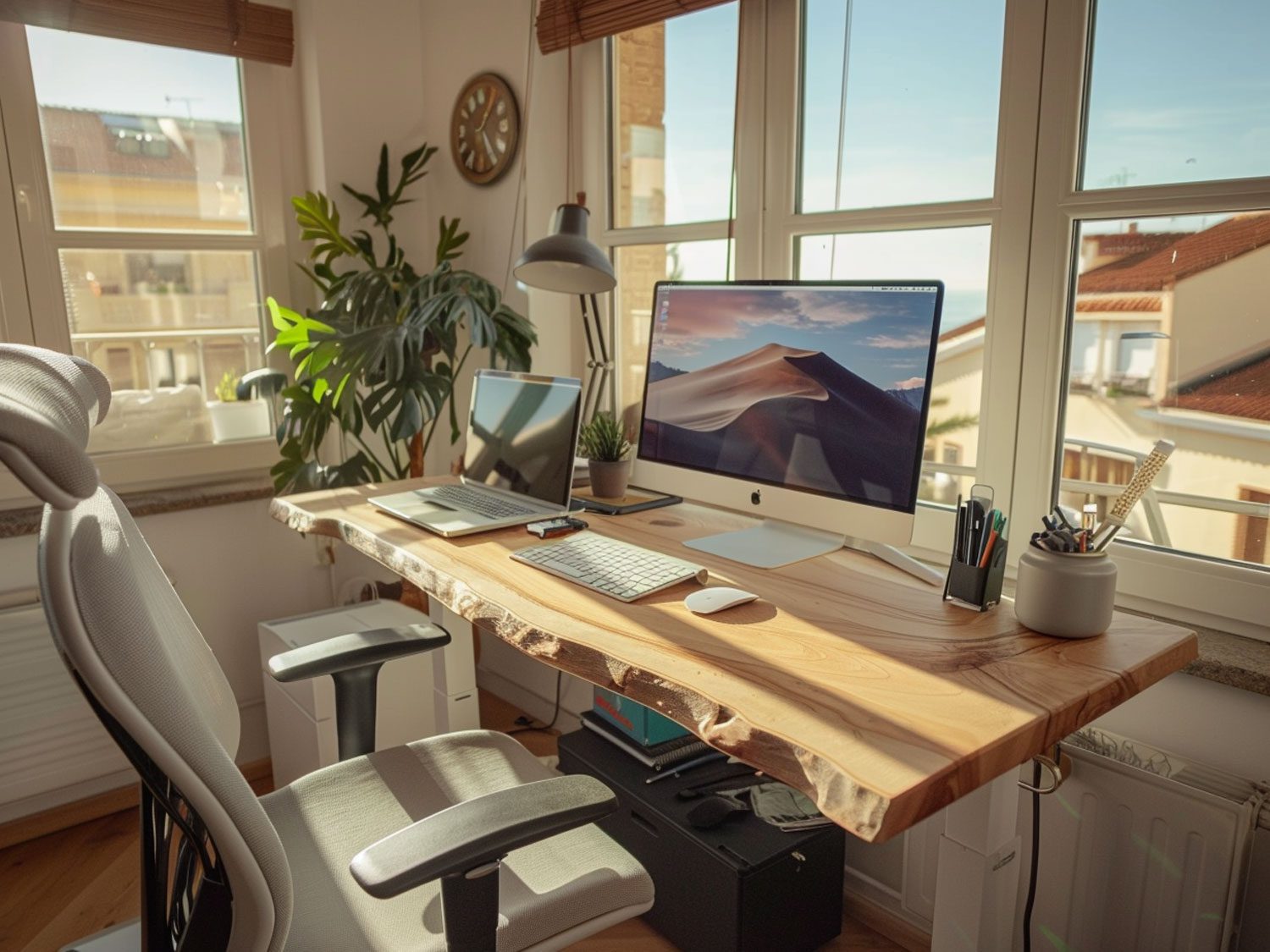 Nowoczesne biuro domowe z drewnianymi biurkami i dużymi oknami