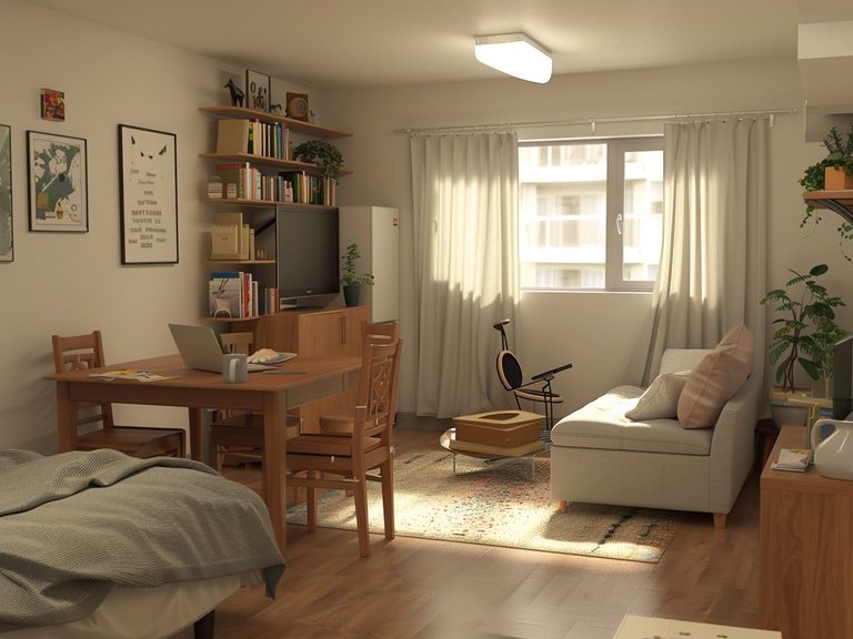 Nowoczesny salon z białą sofą, minimalistycznym wystrojem i drewnianym stolikiem