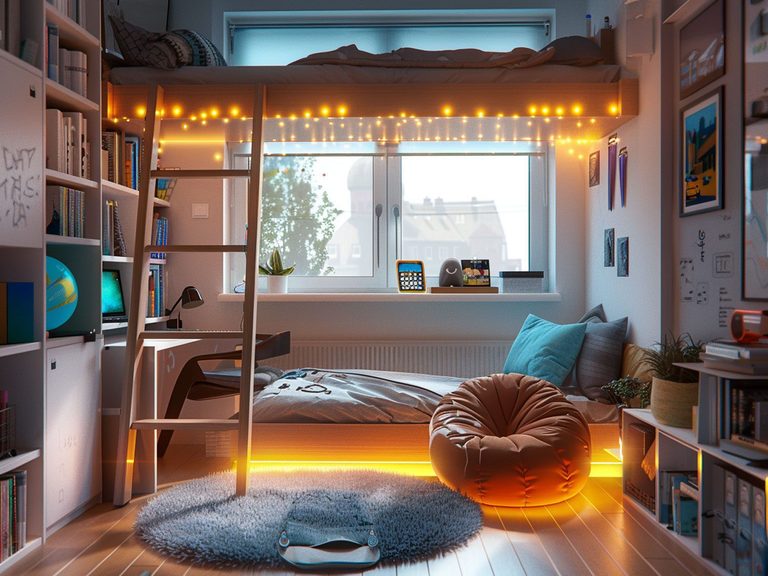 Młodzieżowy pokój z łóżkiem piętrowym, światełkami LED i jasną aranżacją