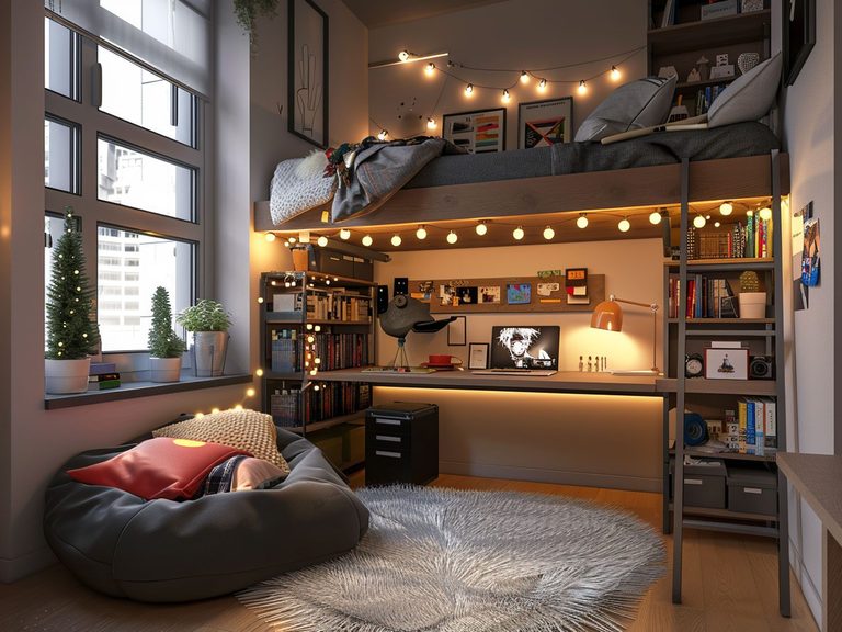 Młodzieżowy pokój z łóżkiem piętrowym, światełkami LED i jasną aranżacją