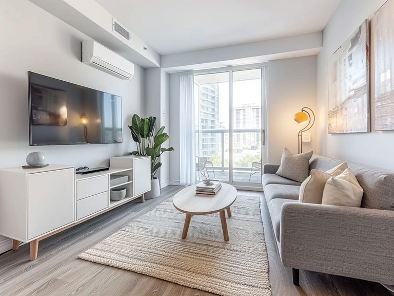 Skandynawski salon z jasną sofą, drewnianym stolikiem i naturalnym światłem