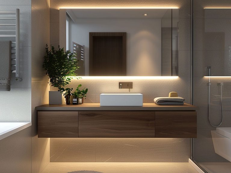 Nowoczesna łazienka z drewnianą szafką, podświetlanym lustrem i minimalistycznym stylem