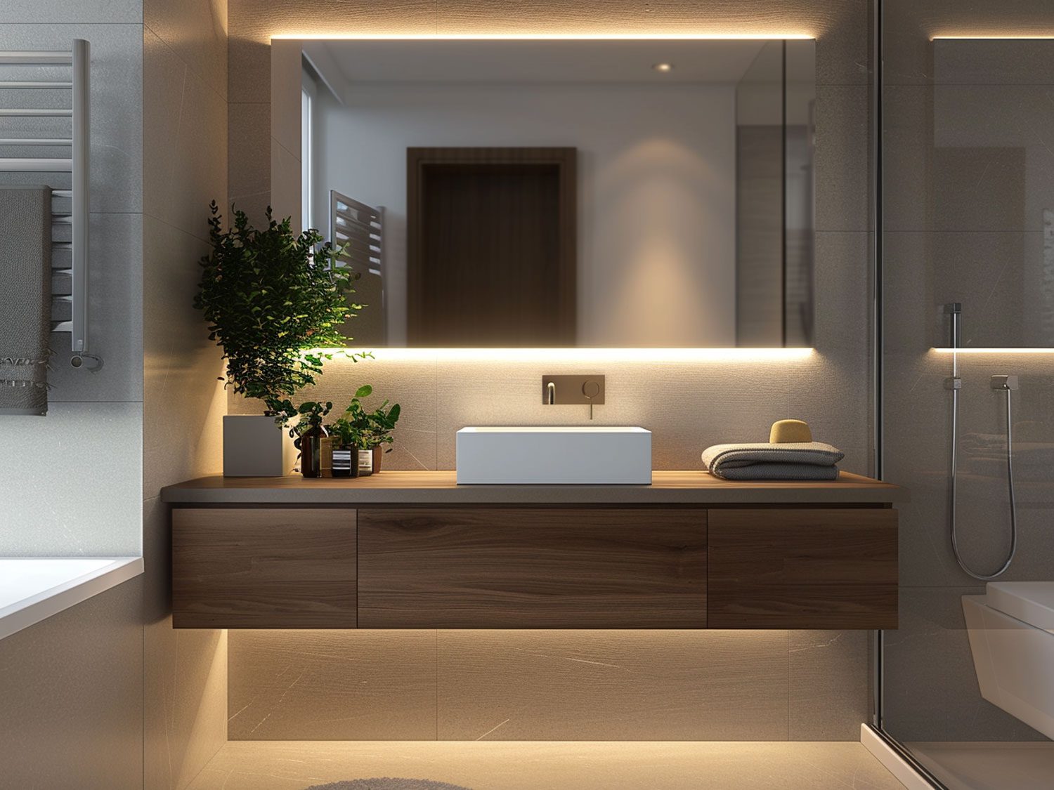 Nowoczesna łazienka z drewnianą szafką, podświetlanym lustrem i minimalistycznym stylem