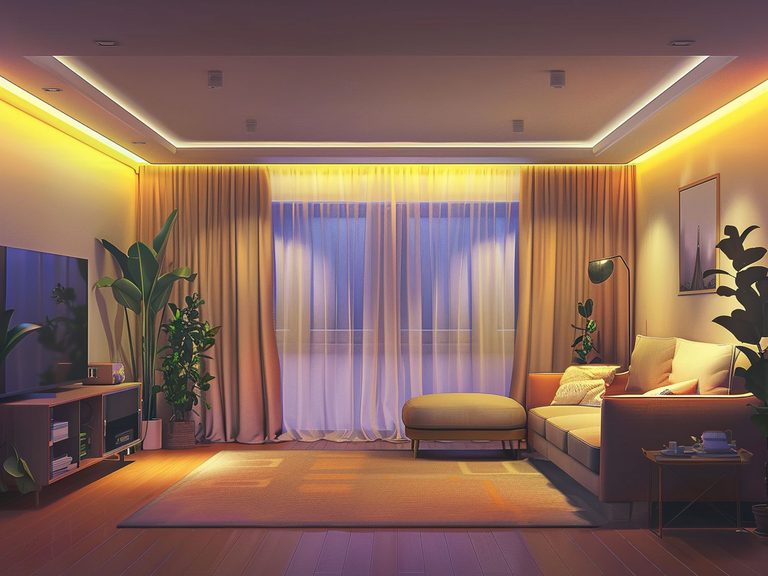 Nowoczesny salon z jasną sofą, podświetlanymi zasłonami i drewnianą podłogą