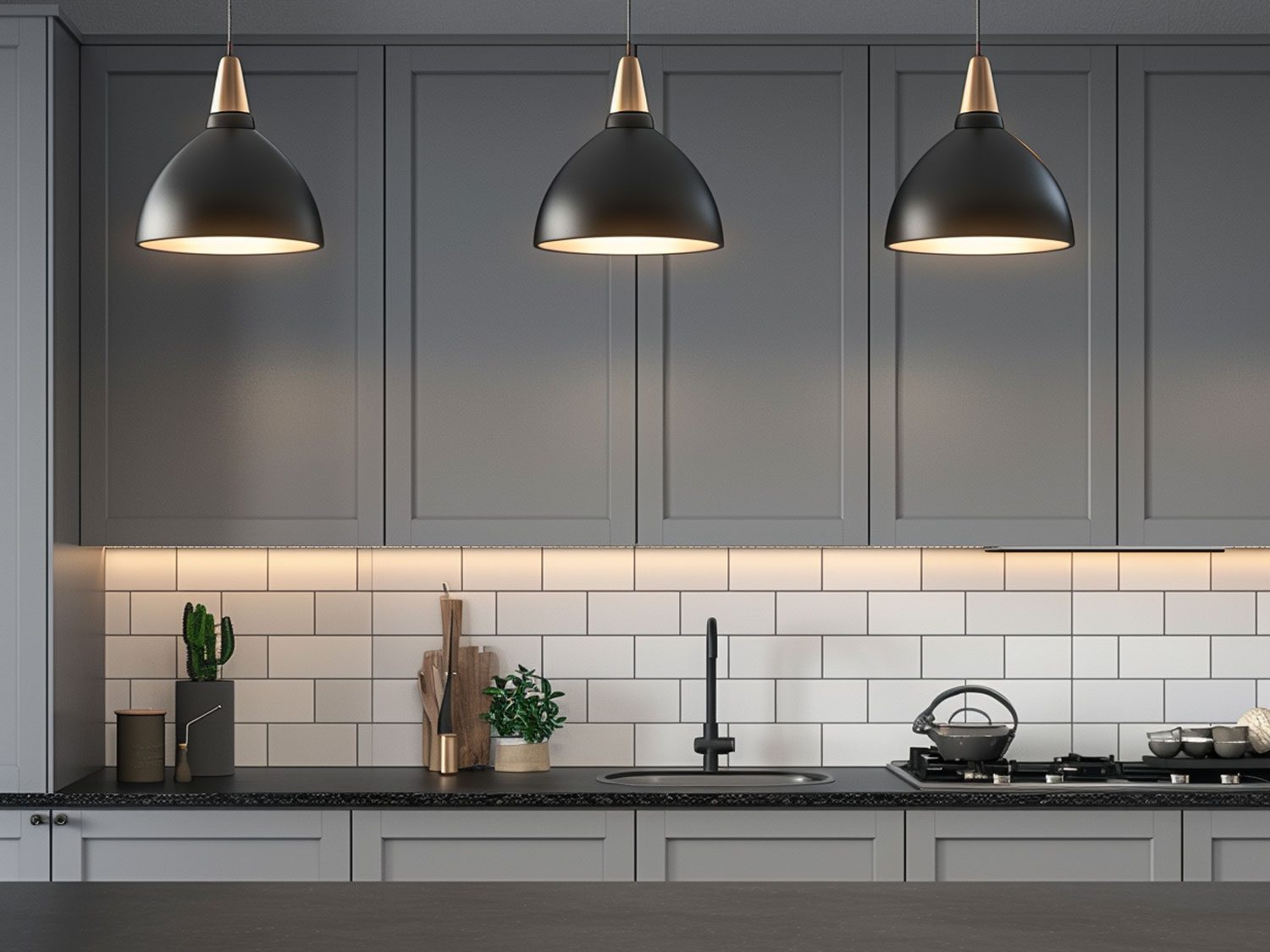 Moderní kuchyně s šedými skříňkami, bílým deskou a třemi černými lampami