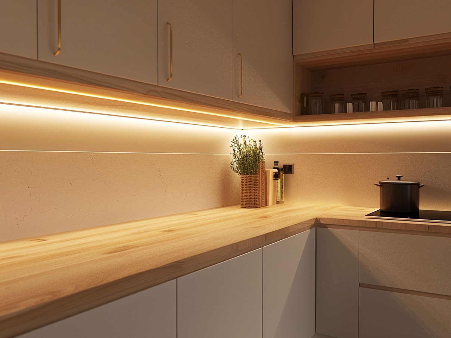Nowoczesna kuchnia z drewnianym blatem, białymi szafkami i podświetleniem LED