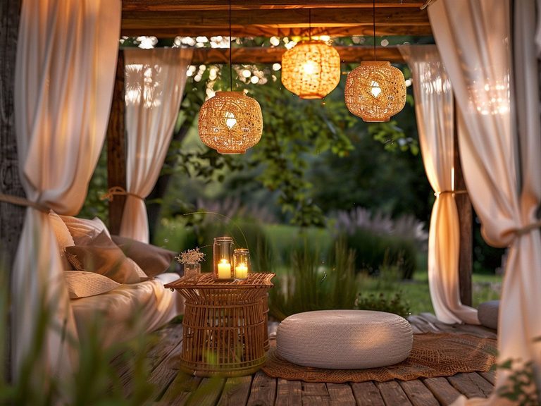 Nowoczesny taras z baldachimem, poduszkami i lampionami w ogrodzie