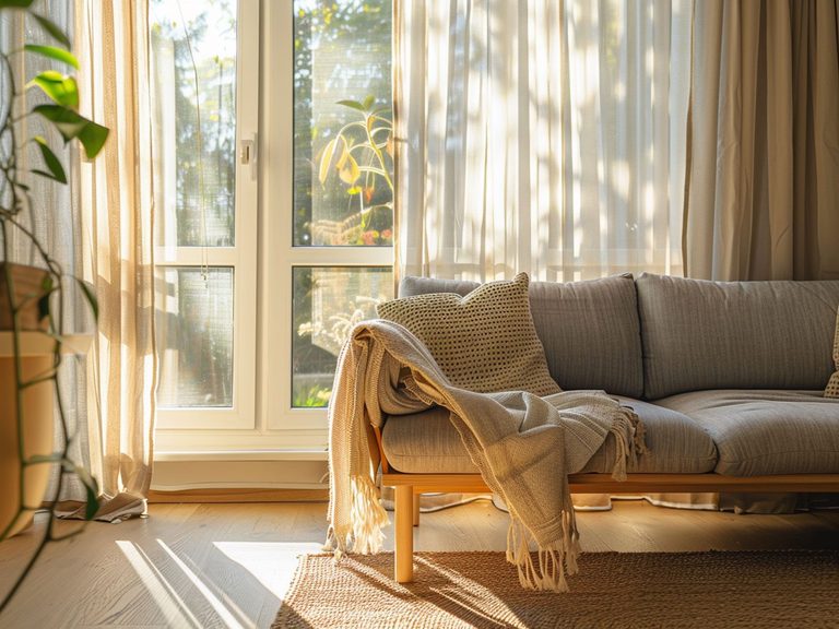 Skandynawski salon z jasną szarą sofą