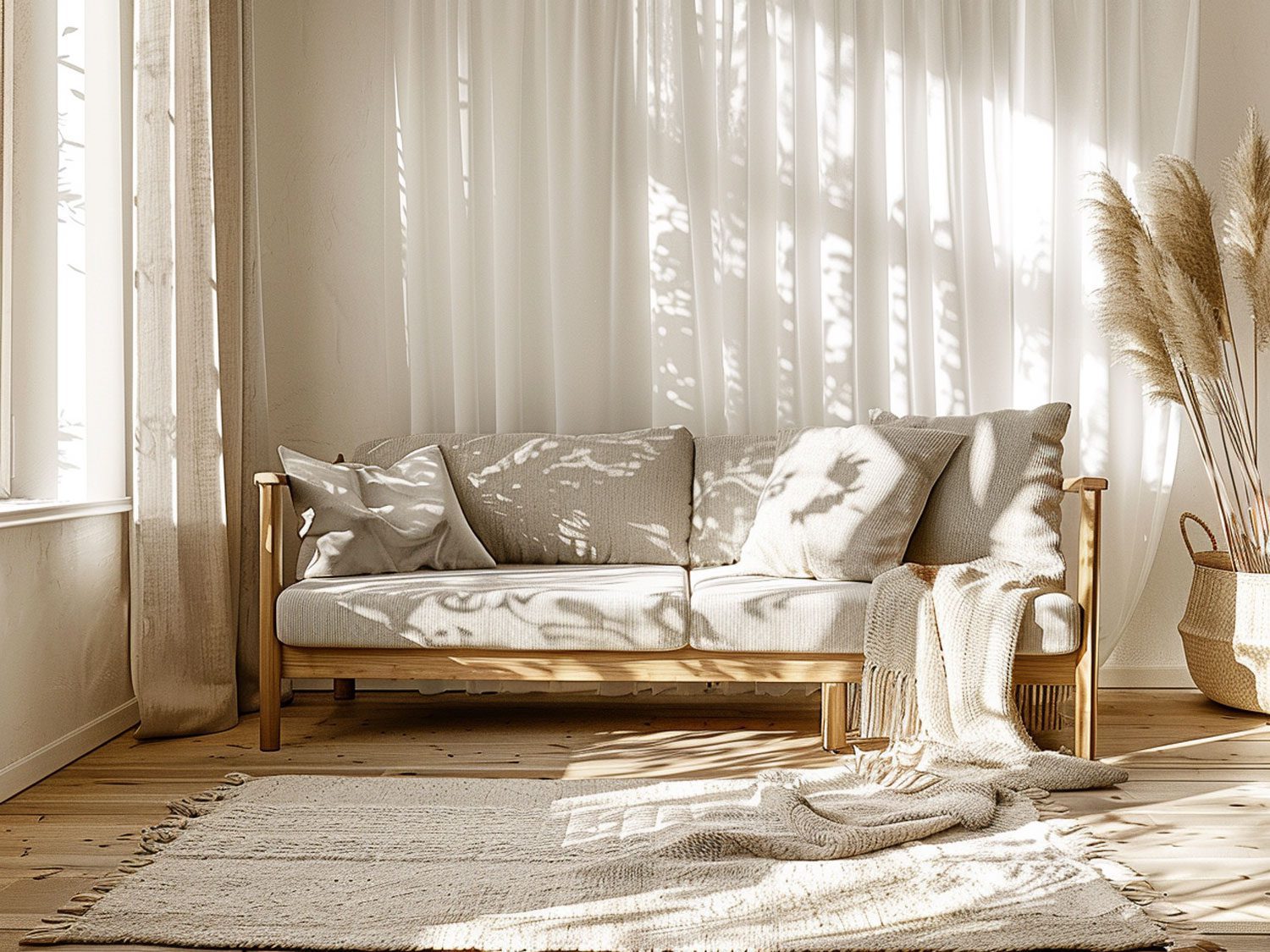 Skandynawski salon z jasną sofą przy dużym oknie