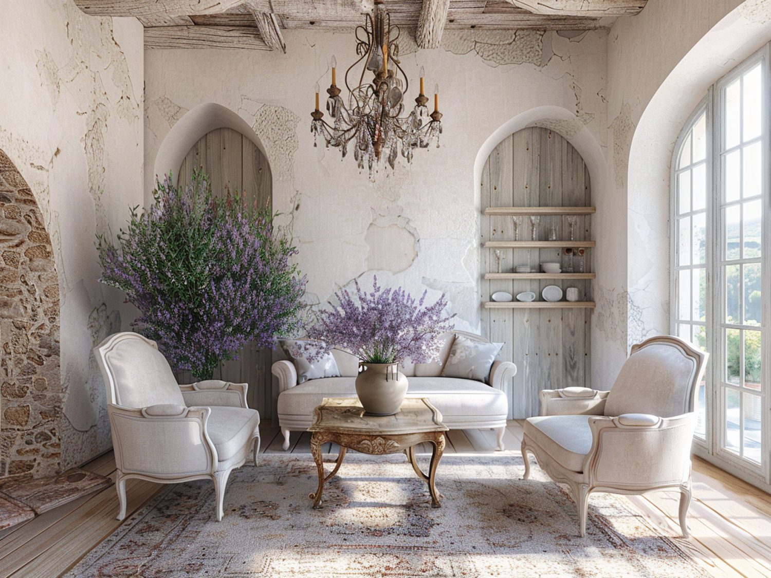 Rustikální obývací pokoj s klasycznymi křesly, béžovou pohovkou a křišťálovým lustrem