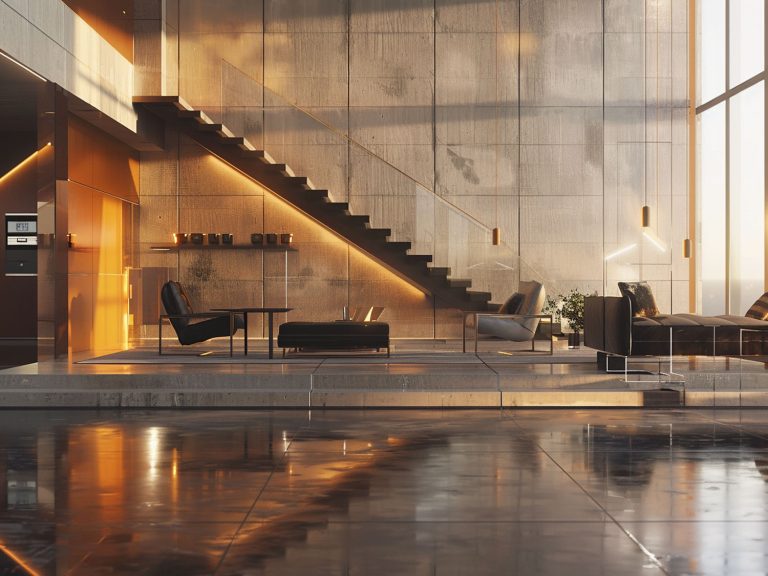Nowoczesny salon z betonową podłogą, szklaną balustradą i minimalistyczną aranżacją