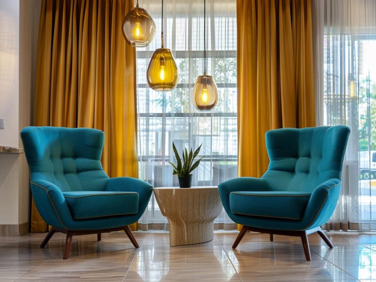 Nowoczesny salon z kolorowymi fotelami i industrialnymi dekoracjami kolor żółty i szary