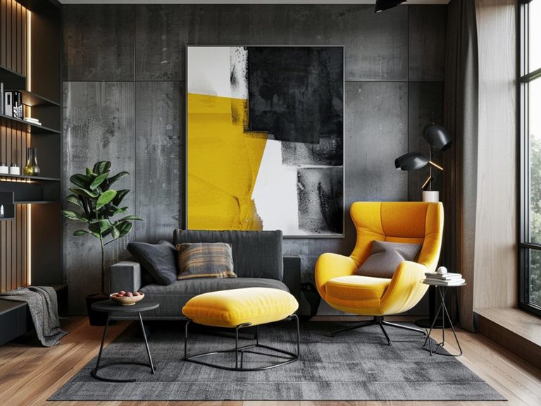 Moderní obývací pokoj s šedou pohovkou a designerskimi dekoracemi barva oranžový