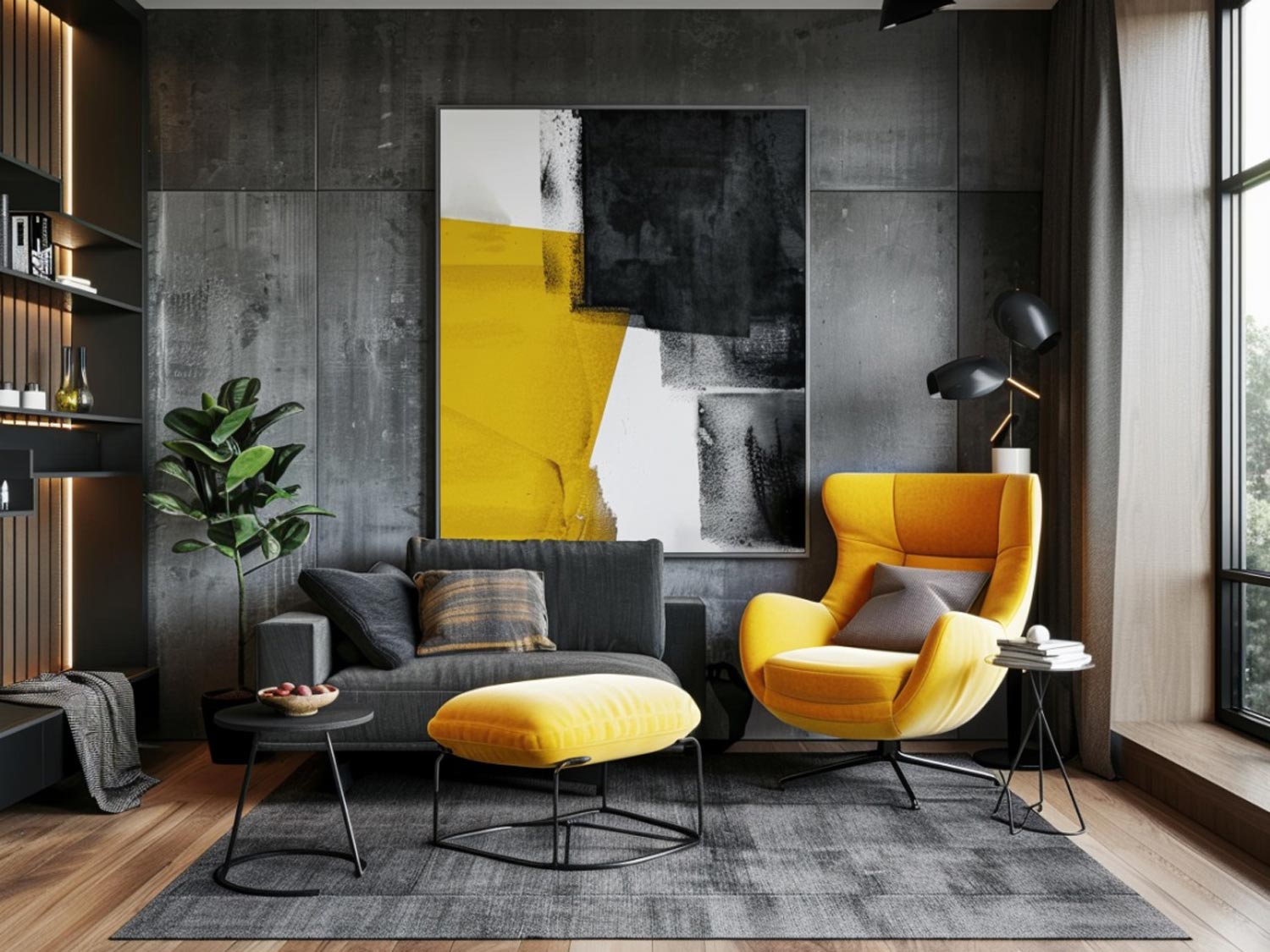 Moderní obývací pokoj s šedou pohovkou a designerskimi dekoracemi barva oranžový
