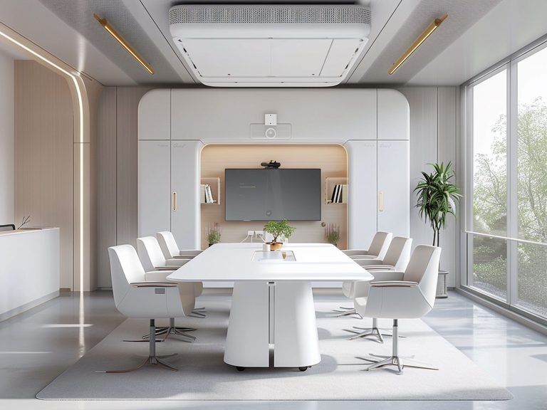 Nowoczesna sala konferencyjna z białym stołem, jasnymi fotelami i minimalistyczną aranżacją