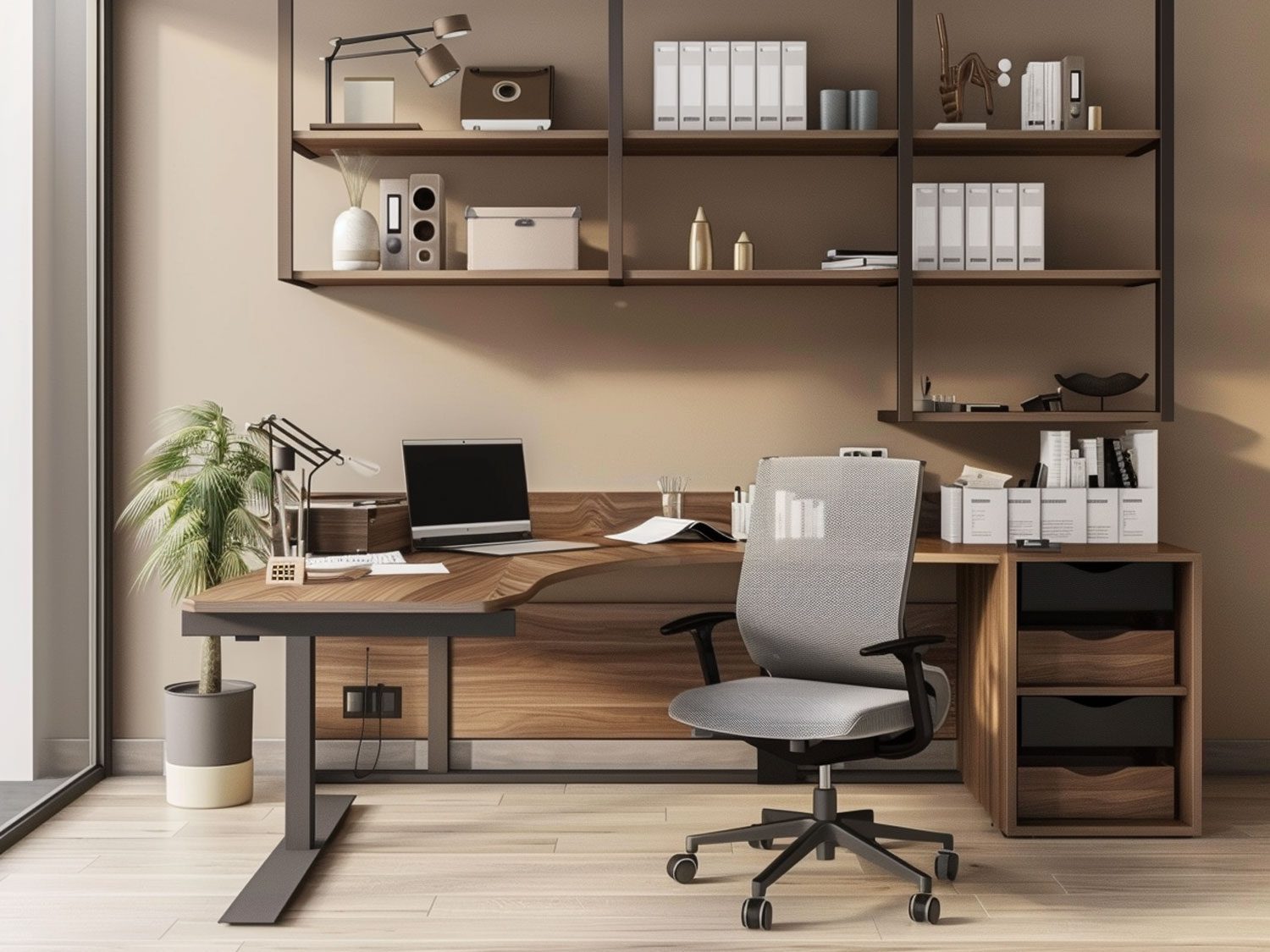 Nowoczesne biuro z drewnianymi półkami i biurkiem w stylu industrialnym kolor jasny brąz