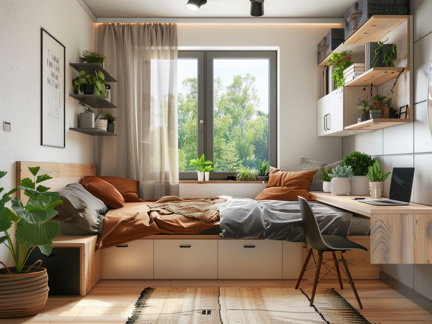 Nowoczesna sypialnia z dużym oknem i dekoracyjnymi poduszkami kolor jasny brąz