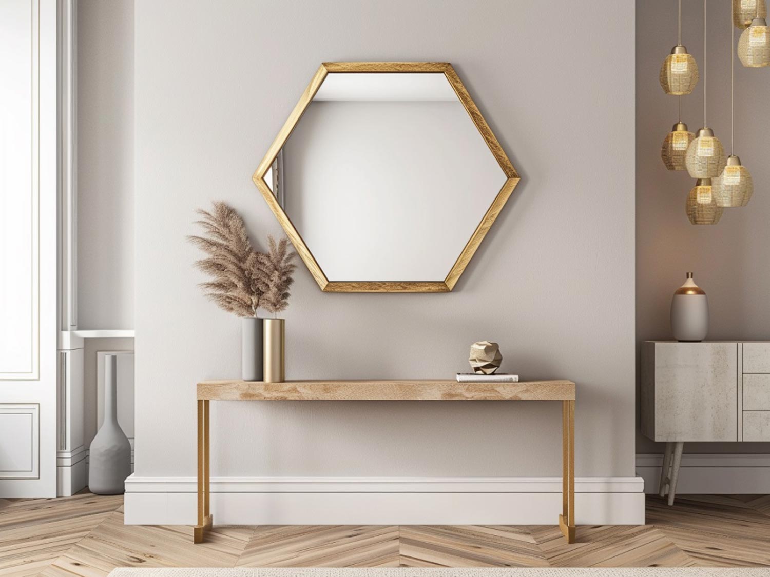Moderní zrcadlo v zlaté rámu v minimalistickém interiéru barva zlatý