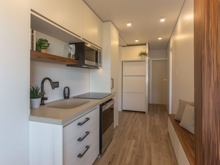 Nowoczesna kuchnia z białymi szafkami i drewnianymi frontami kolor jasny brąz