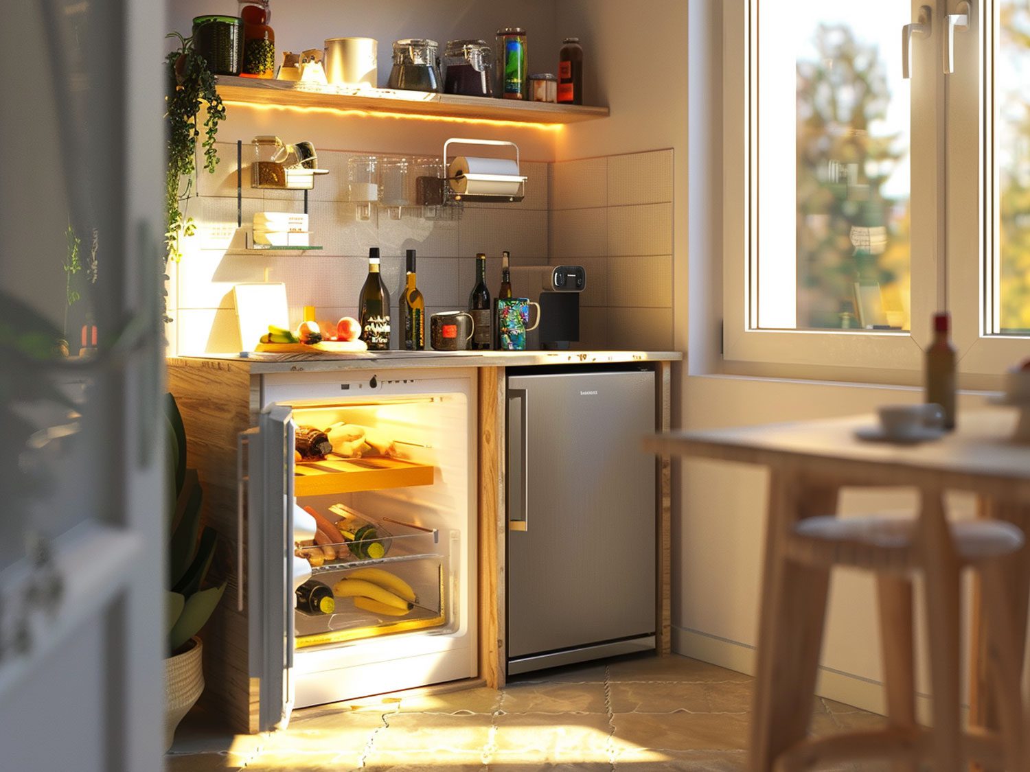 Nowoczesna kuchnia z białymi szafkami i drewnianymi frontami kolor jasny brąz