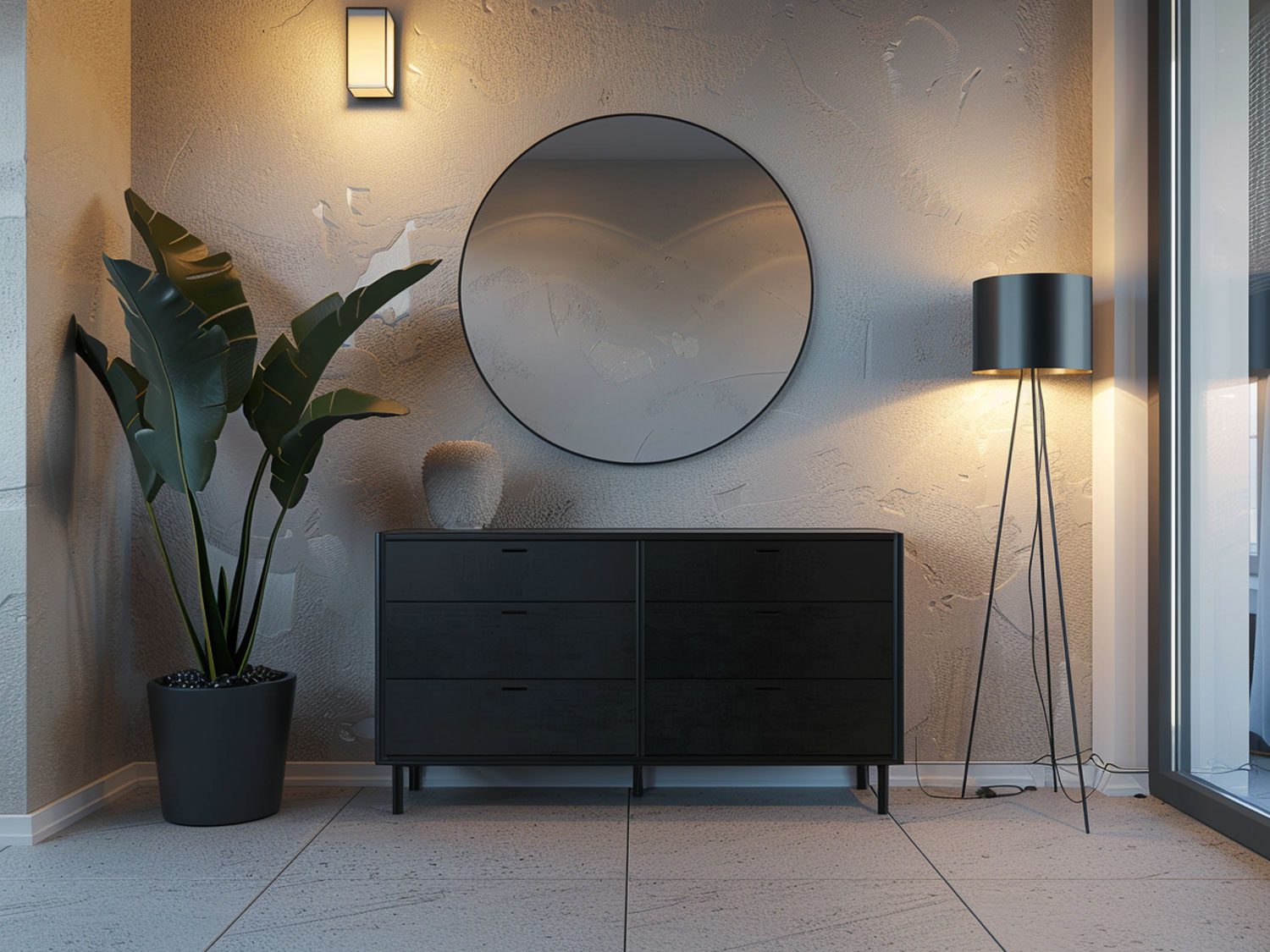 Moderní předsíň s černou komodou, kulatým zrcadlem a minimalistickou lampou