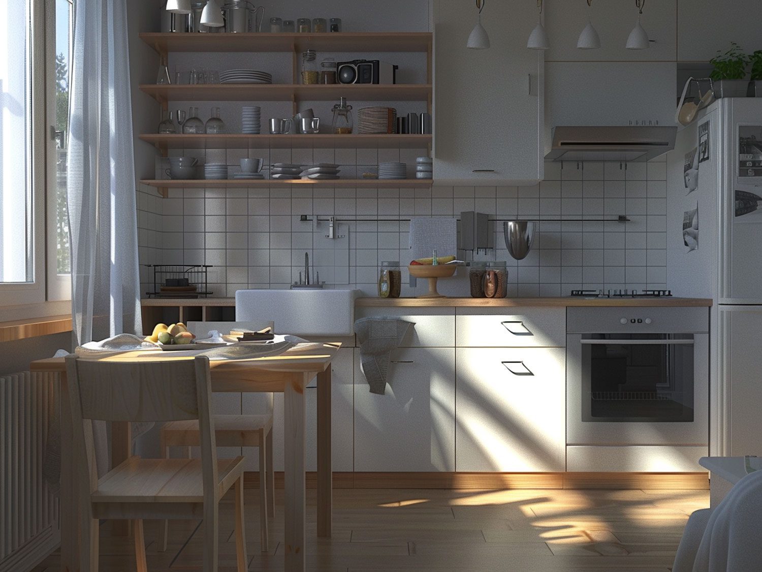 Nowoczesna kuchnia z białymi szafkami i drewnianymi półkami kolor jasny brąz