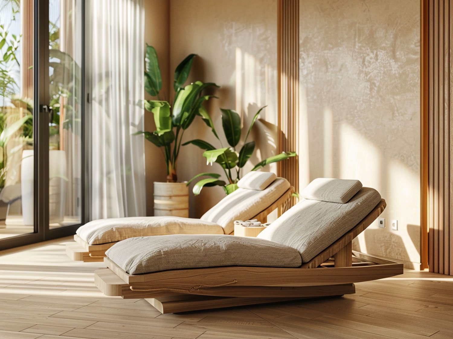 Nowoczesny salon spa z leżankami i dekoracyjnymi roślinami kolor jasny brąz
