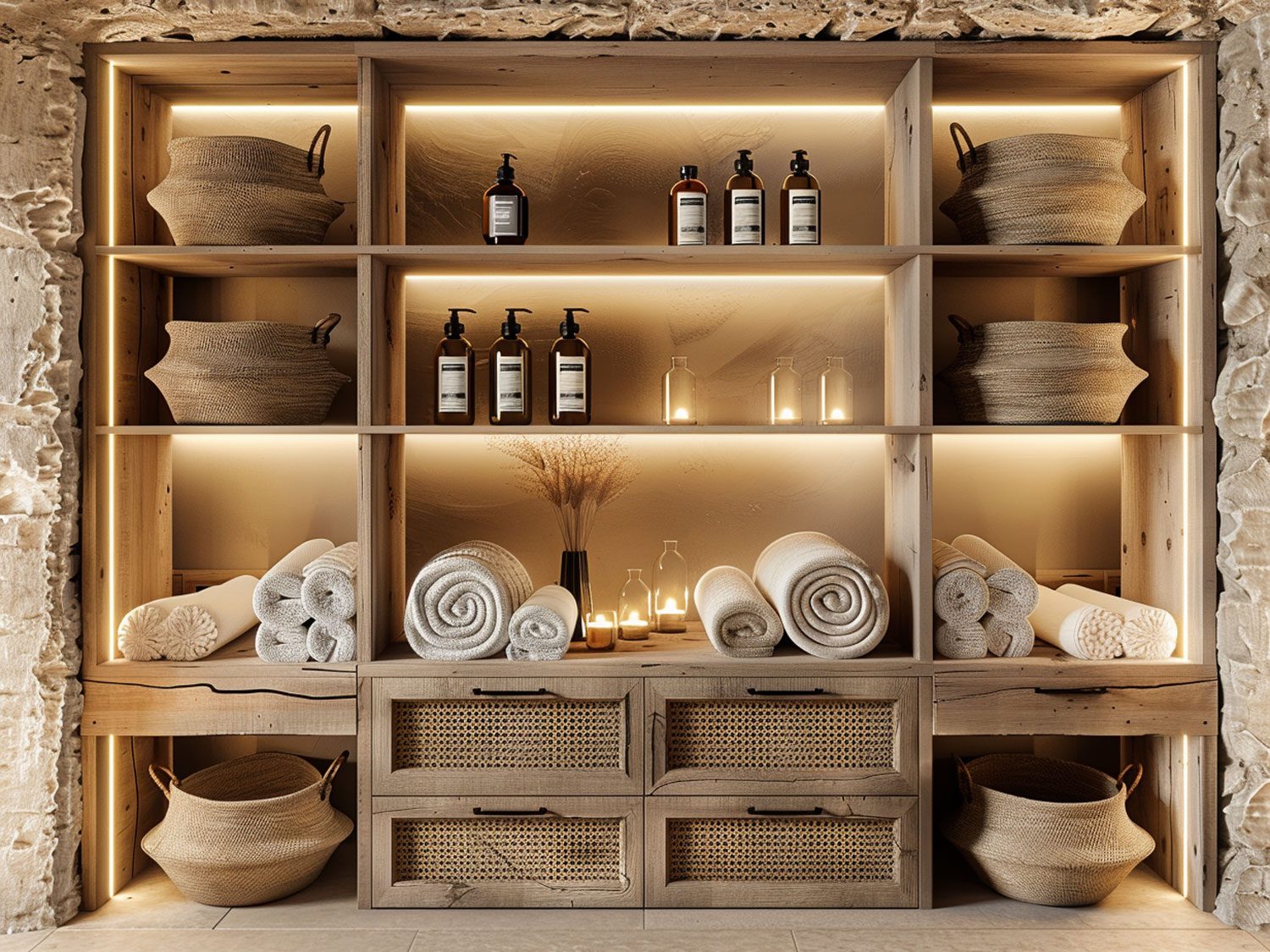 Nowoczesna łazienka z drewnianymi półkami i podświetleniem LED kolor jasny brąz