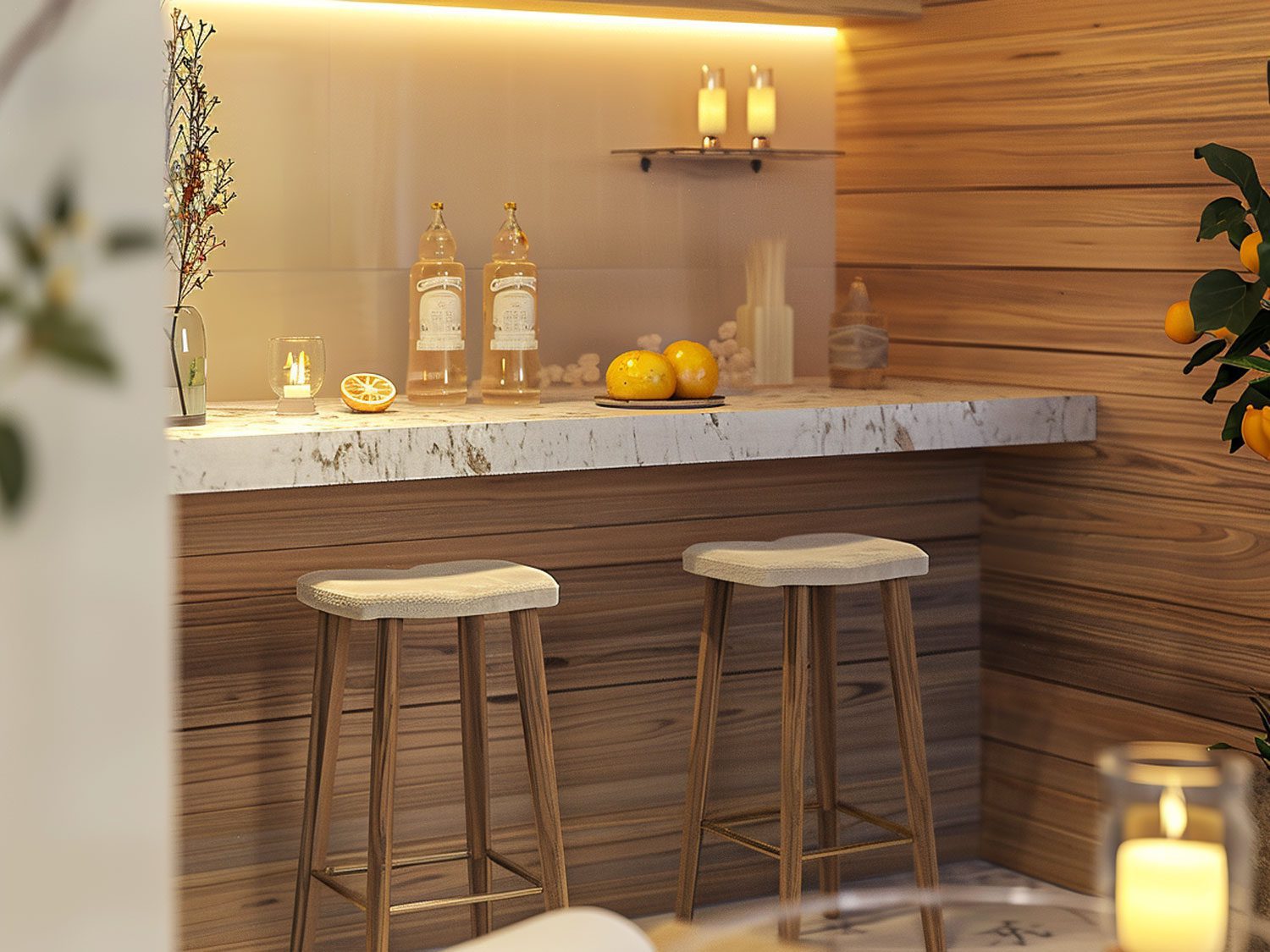 Moderní bar s dřevěným deskou a podsvícením LED barva světlý hnědá