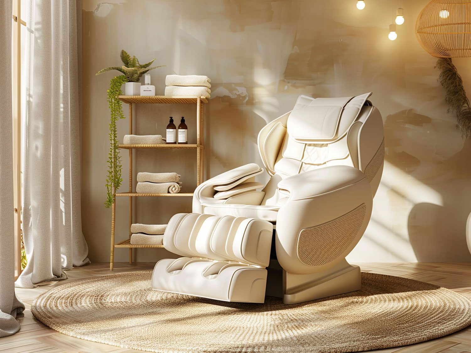 Nowoczesny salon spa z drewnianym fotelem masującym i delikatnym oświetleniem kolor jasny brąz