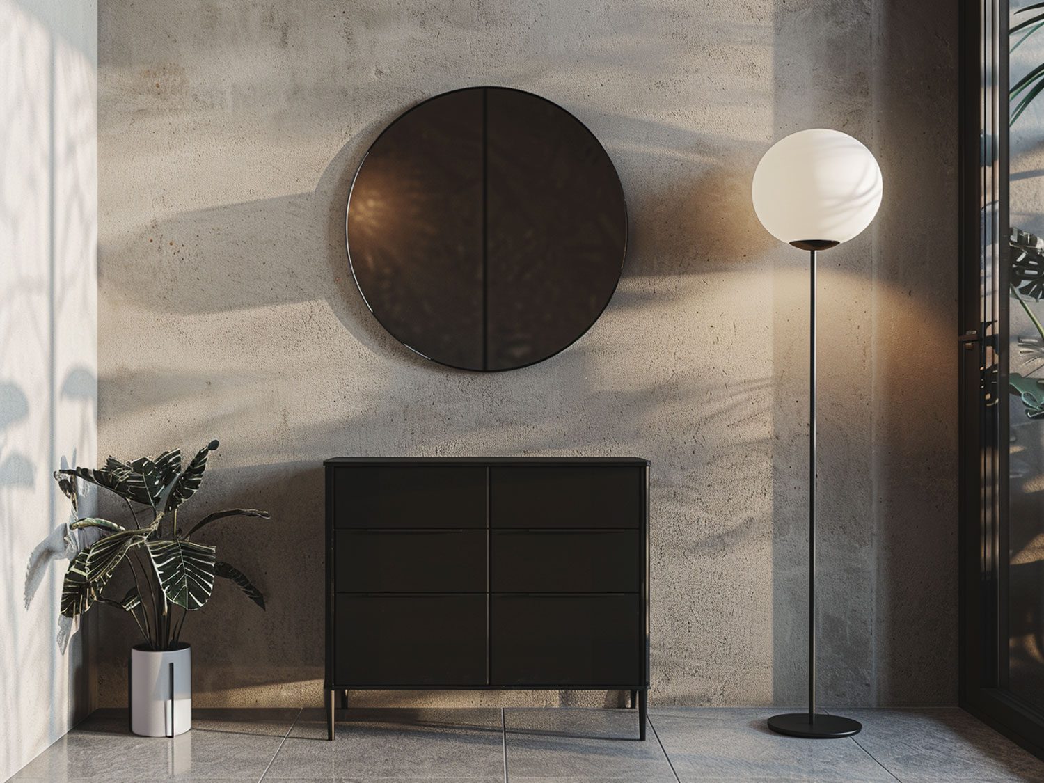 Nowoczesny przedpokój z czarną komodą, okrągłym lustrem i betonową ścianą