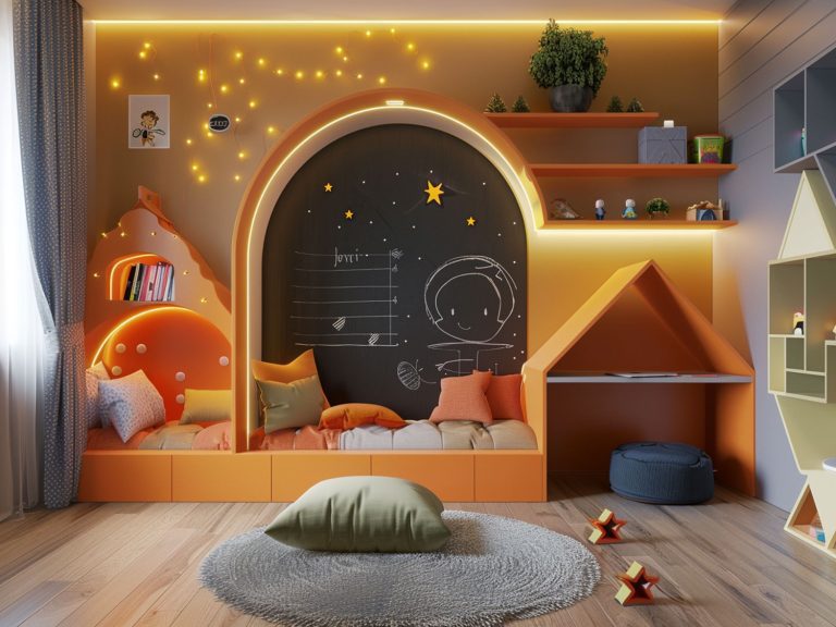 Pokój dziecięcy z pomarańczowym łóżkiem, dekoracjami LED i bajkowym motywem