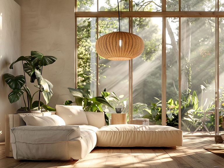 Skandynawski salon z jasną sofą, dużymi oknami i rattanową lampą