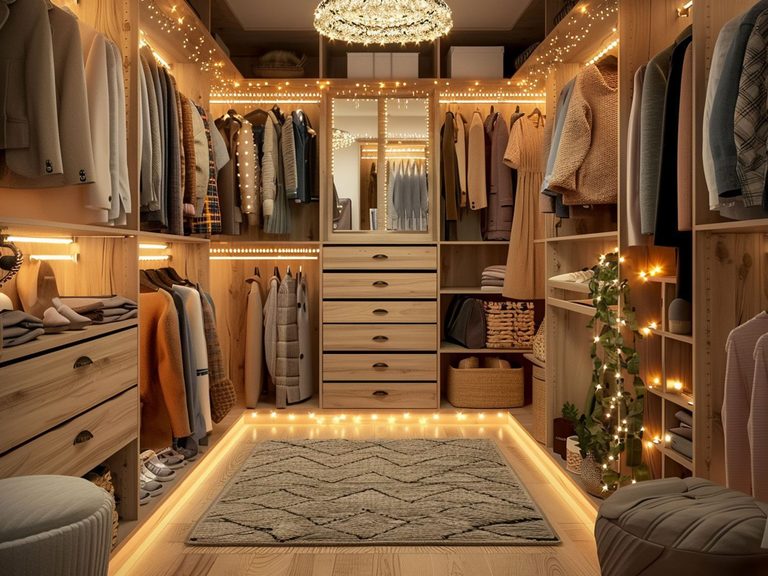 Nowoczesna garderoba z drewnianymi szafami, podświetleniem LED i lustrami