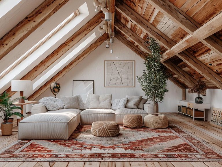 Rustykalny salon na poddaszu z narożną sofą, drewnianymi belkami i jasnym dywanem