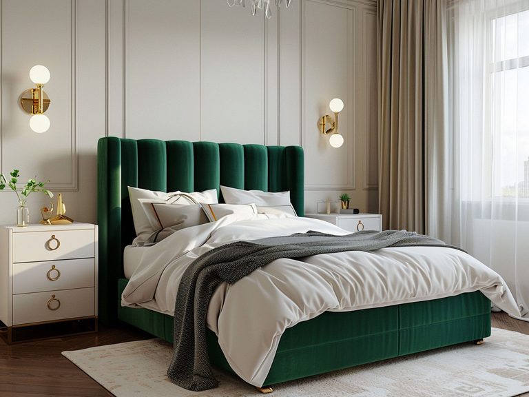 Glamour sypialnia z zielonym łóżkiem kontynentalnym i eleganckimi dodatkami